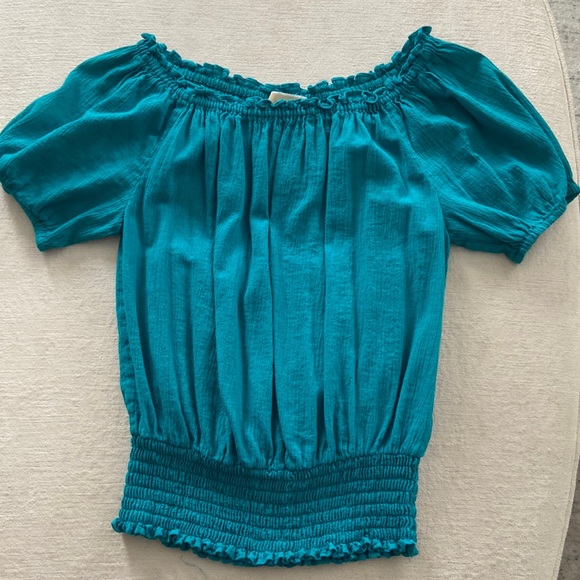 Michael Kors - peasant blouse, short sleeve, Cinched waist - turquoise sz small - Picture 1 of 5